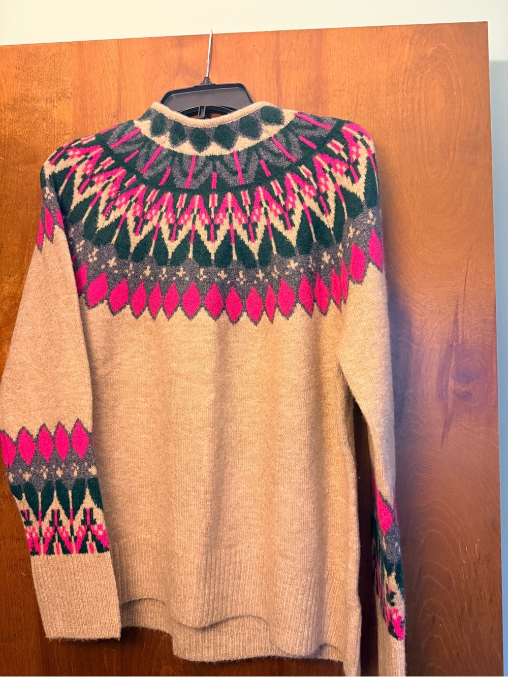 CeCe Camel Crewneck Sweater with Pink & Forest Green Fair Isle Yoke